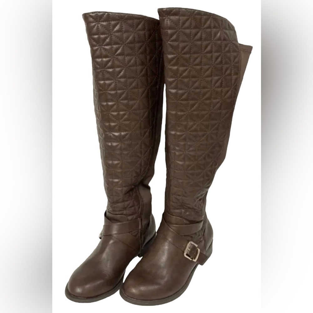 Torrid Brown Faux Leather Quilted Strappy Over Knee-High Boot Size 9W.